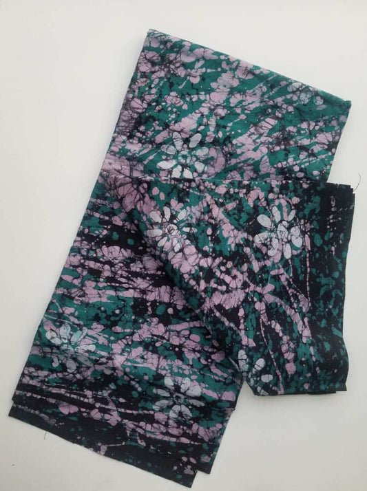 Green with white flowers and pink printed Batik Fabric