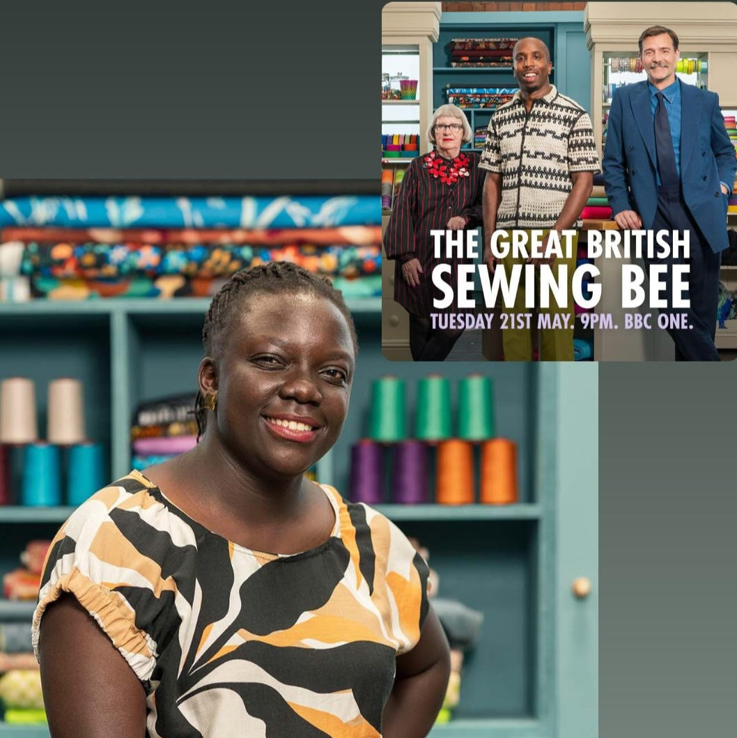 Promotional graphic for 'The Great British Sewing Bee' with a countdown timer and a woman in front of shelves.