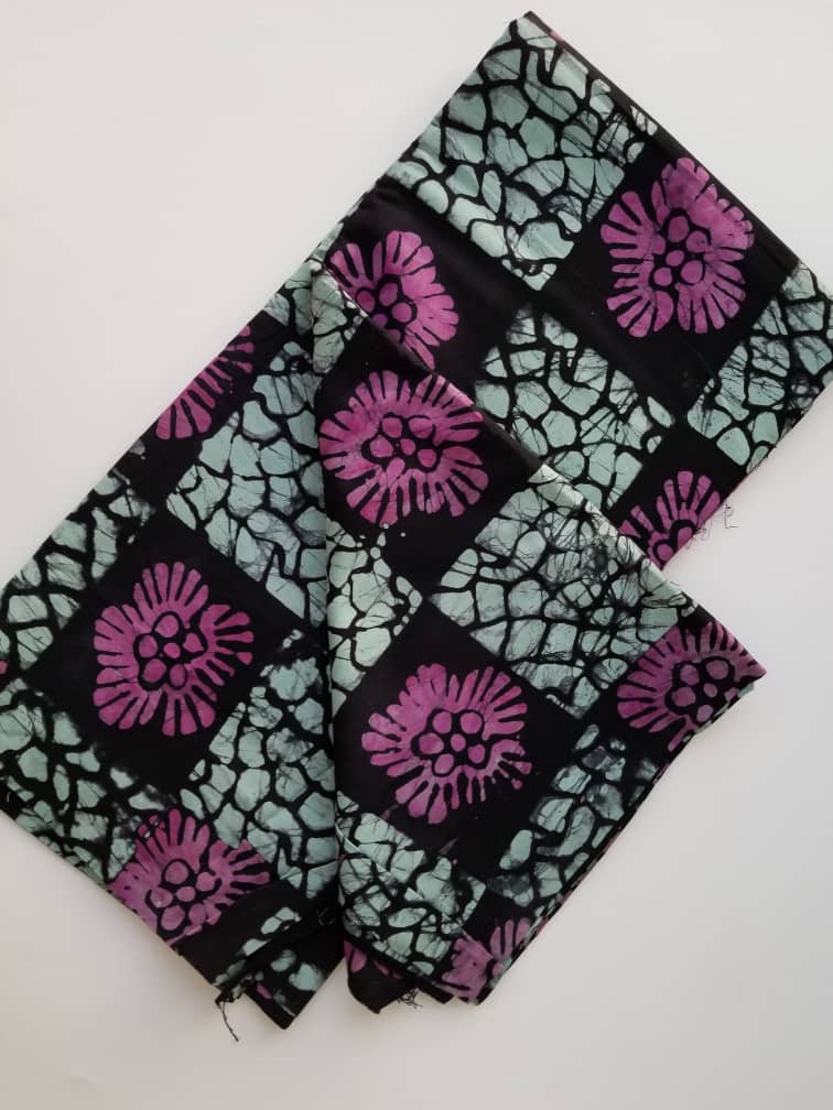 Black with pink flowers and squared blue prints