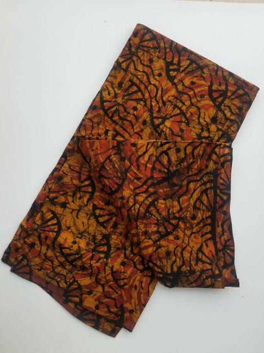 Orange with Mustered yellow and black printed Batik Fabric