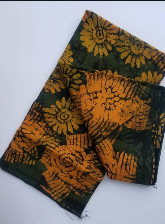 Green with Mustard yellow Flowers Batik Fabric