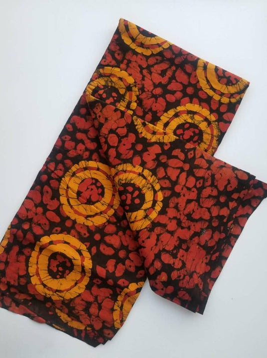 Red with mustard yellow circles Batik Fabric